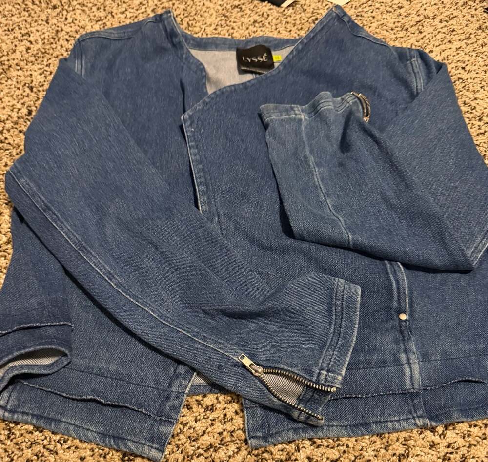 Lysse Women's Denim Draped Open Front Jacket with Zipper Cuffs Size XL